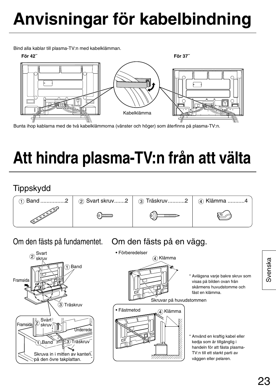 Att hindra plasma-tv:n från att välta, Anvisningar för kabelbindning | Panasonic TYST42PX5W User Manual | Page 23 / 32