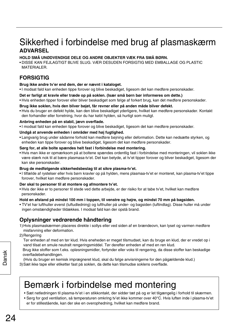 Sikkerhed i forbindelse med brug af plasmaskærm, Bemærk i forbindelse med montering | Panasonic TYST42PX5W User Manual | Page 24 / 32