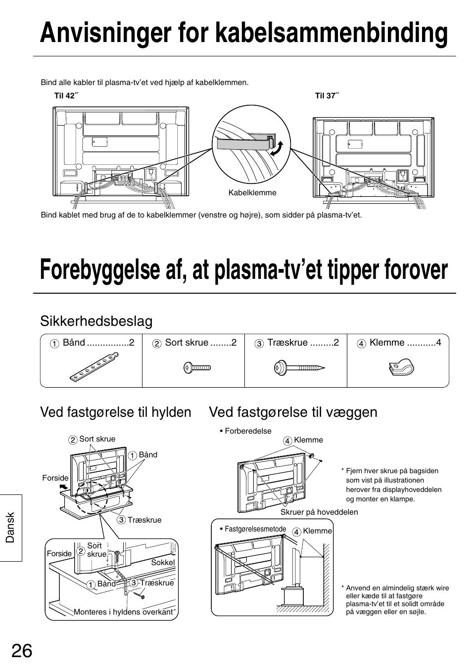 Forebyggelse af, at plasma-tv’et tipper forover, Anvisninger for kabelsammenbinding | Panasonic TYST42PX5W User Manual | Page 26 / 32