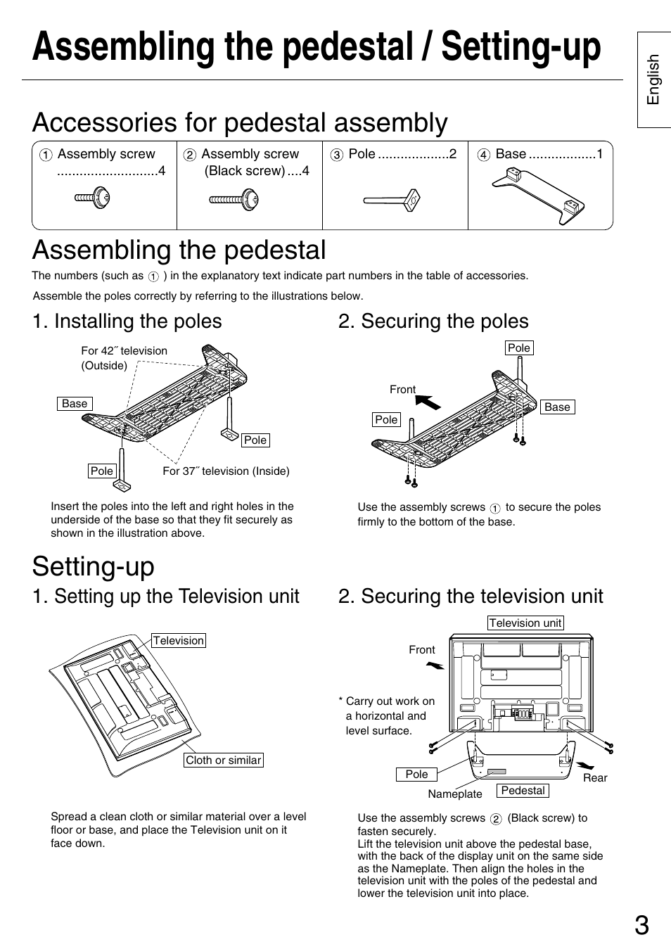 Assembling the pedestal / setting-up, Setting-up, Securing the poles | Setting up the television unit | Panasonic TYST42PX5W User Manual | Page 3 / 32