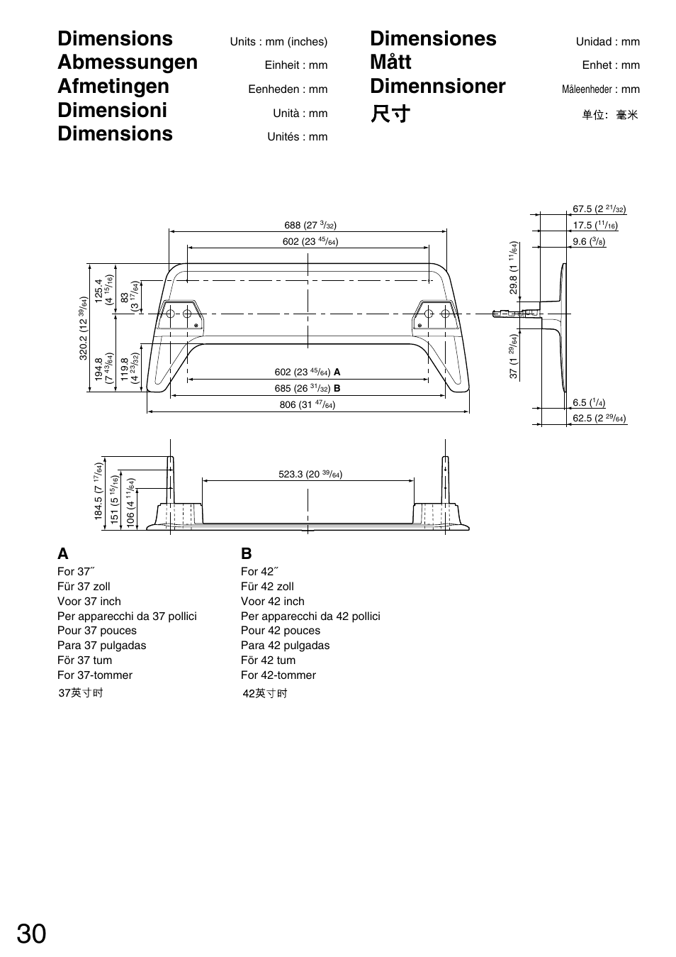 Dimensions, Abmessungen, Afmetingen | Dimensioni, Dimensiones, Mått, Dimennsioner | Panasonic TYST42PX5W User Manual | Page 30 / 32