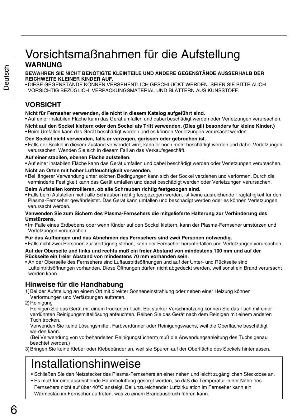 Vorsichtsmaßnahmen für die aufstellung, Installationshinweise | Panasonic TYST42PX5W User Manual | Page 6 / 32