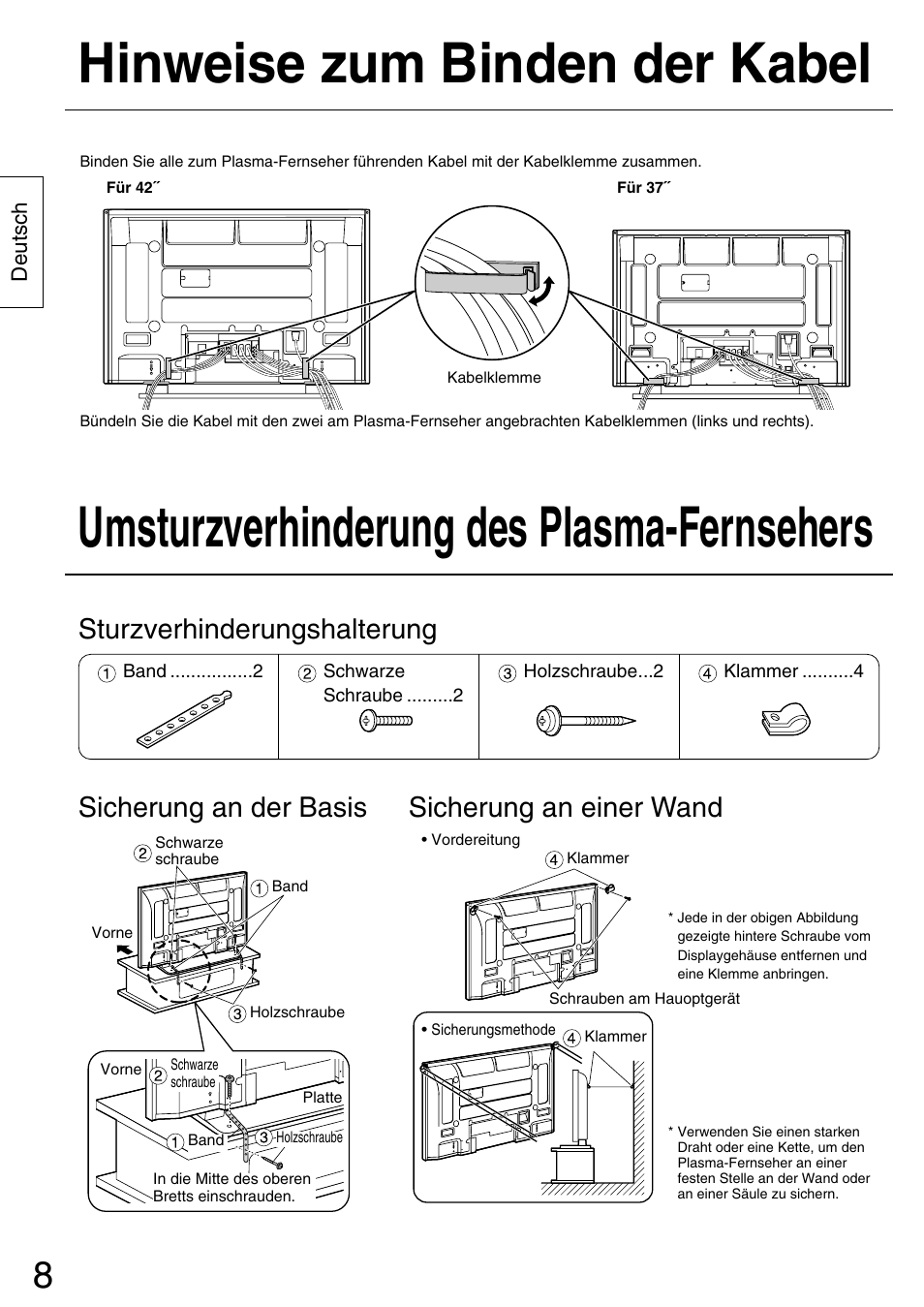 Umsturzverhinderung des plasma-fernsehers, Hinweise zum binden der kabel | Panasonic TYST42PX5W User Manual | Page 8 / 32
