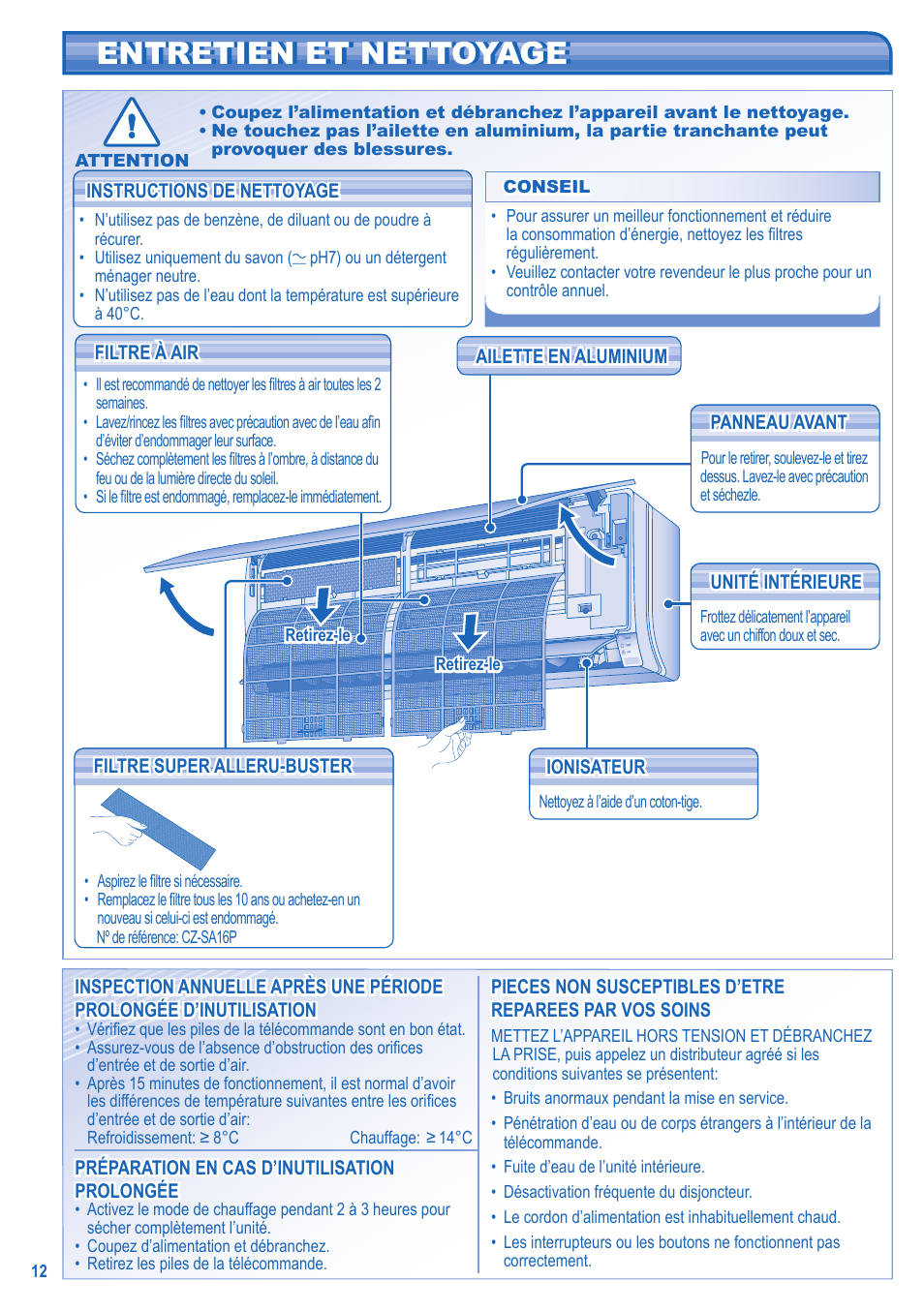 Entretien et nettoyage entretien et nettoyage | Panasonic UTE9HKE User Manual | Page 12 / 56