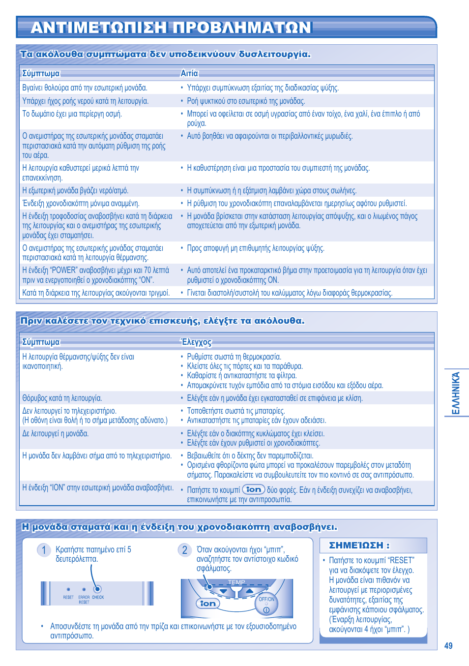 Αντιμετωπιση προβληματων | Panasonic UTE9HKE User Manual | Page 49 / 56