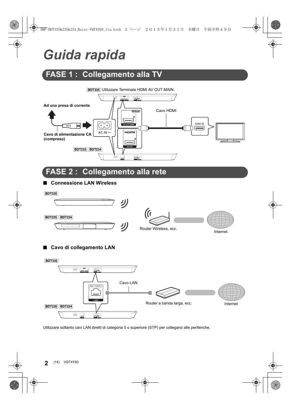 Guida rapida, Fase 1 : collegamento alla tv, Fase 2 : collegamento alla rete | Panasonic DMPBDT335EG User Manual | Page 14 / 20