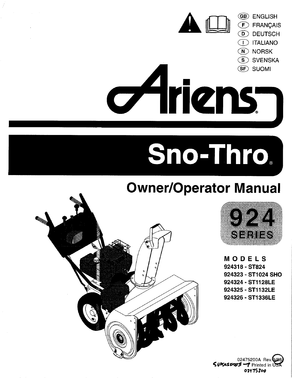 Ariens SNO-THRO 924326-ST1336LE User Manual | 21 pages