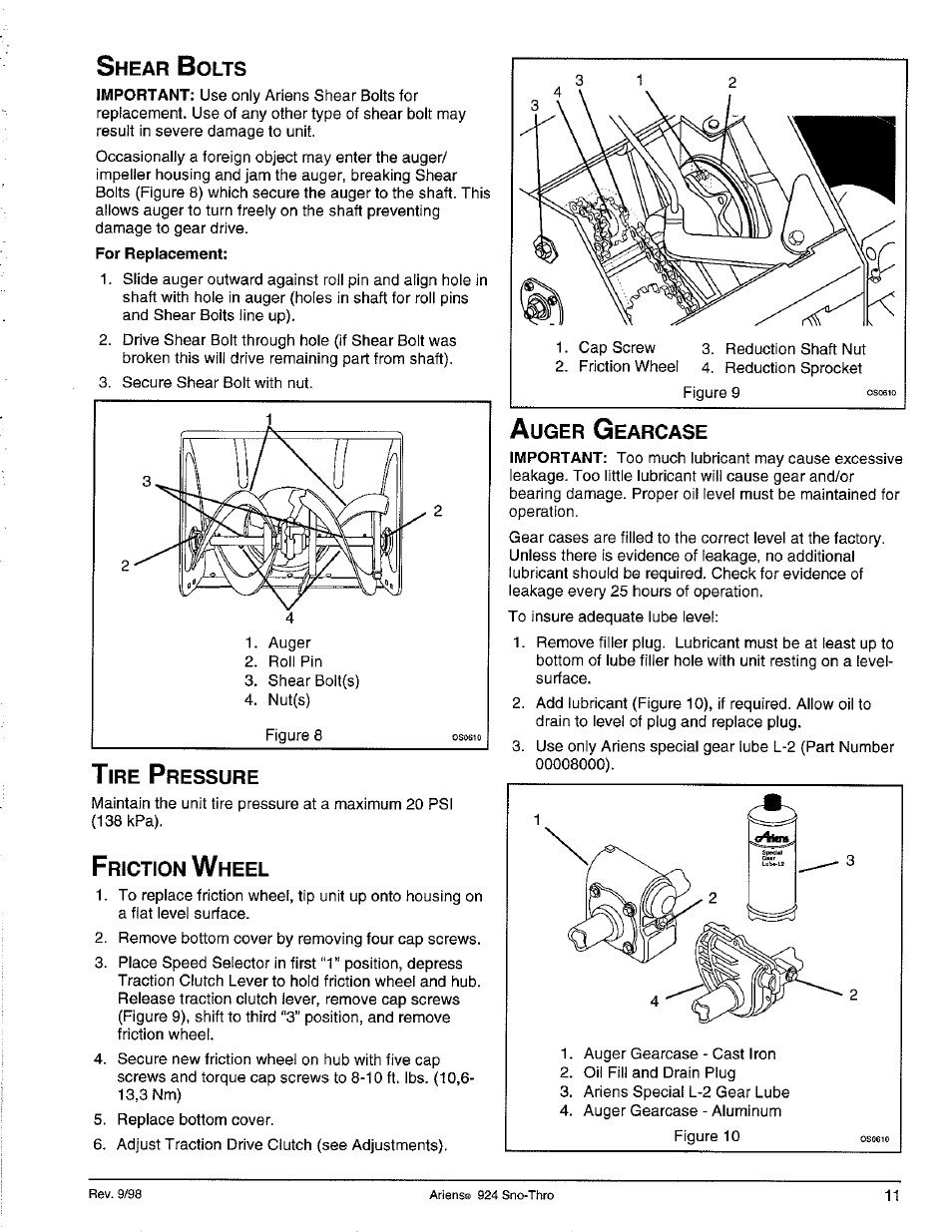 Shear bolts, Tire pressure, Friction wheel | Auger gearcase | Ariens SNO-THRO 924326-ST1336LE User Manual | Page 15 / 21