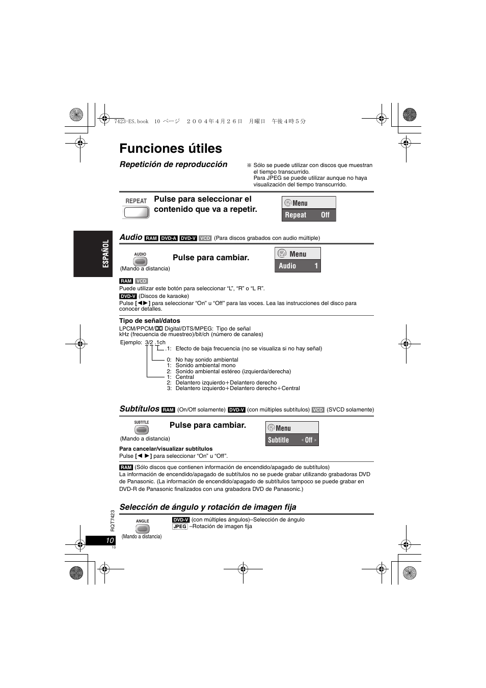 Funciones útiles, Repetición de reproducción, Audio | Subtítulos, Selección de ángulo y rotación de imagen fija | Panasonic DVDLS50 User Manual | Page 10 / 80