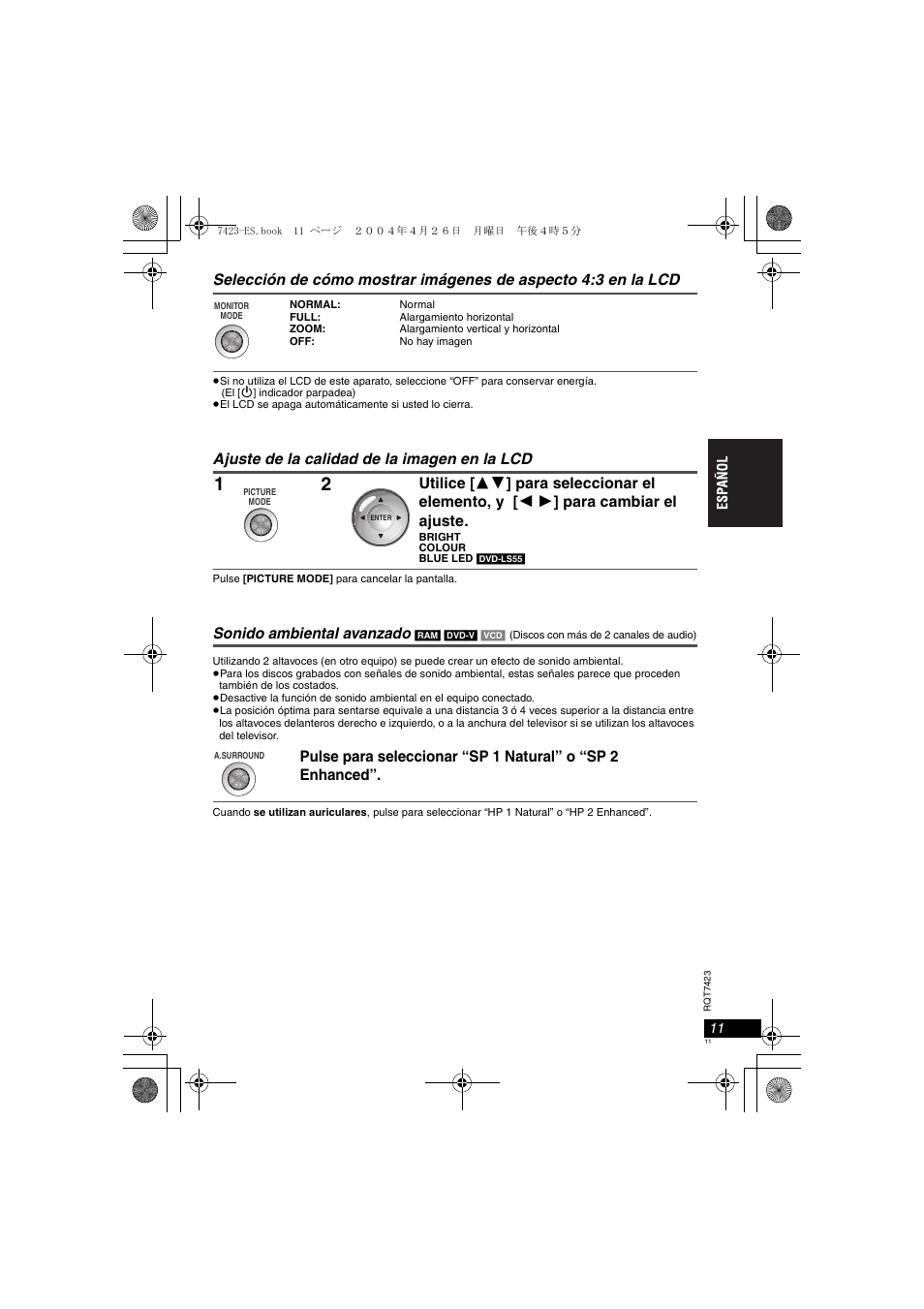 Ajuste de la calidad de la imagen en la lcd, Sonido ambiental avanzado | Panasonic DVDLS50 User Manual | Page 11 / 80