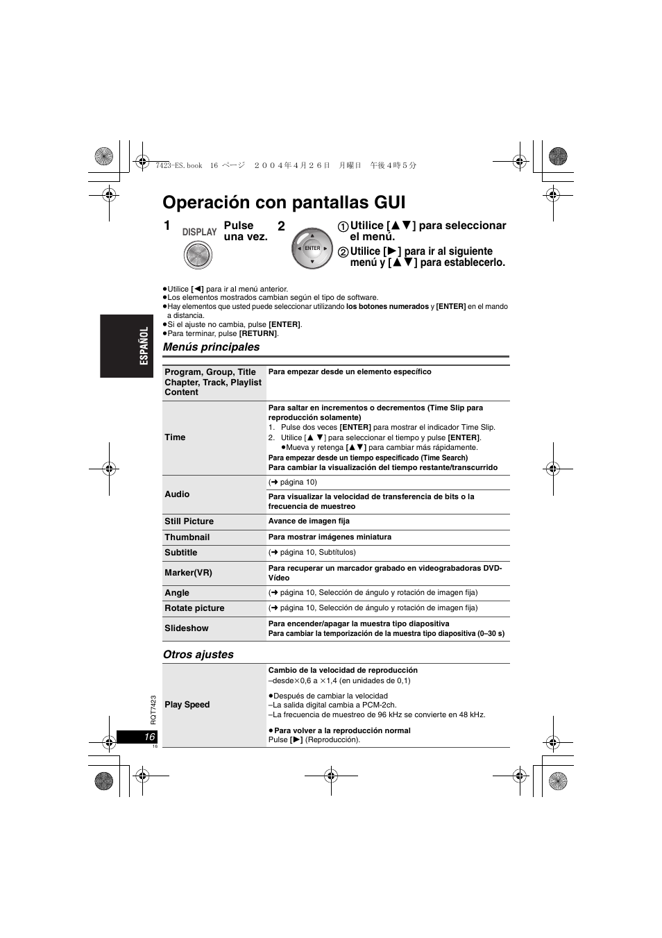 Operación con pantallas gui, Menús principales otros ajustes | Panasonic DVDLS50 User Manual | Page 16 / 80