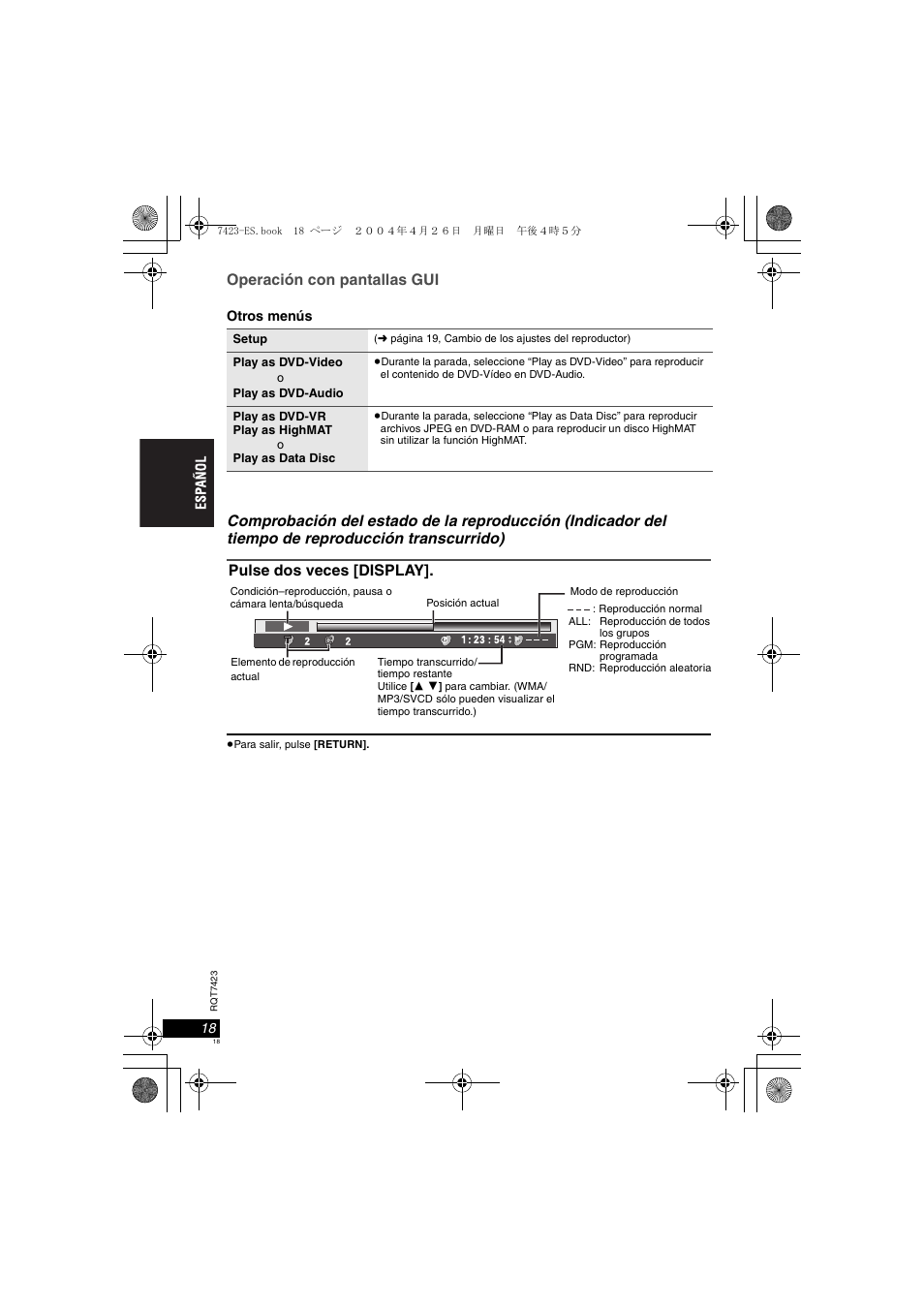 Operación con pantallas gui, Pulse dos veces [display | Panasonic DVDLS50 User Manual | Page 18 / 80