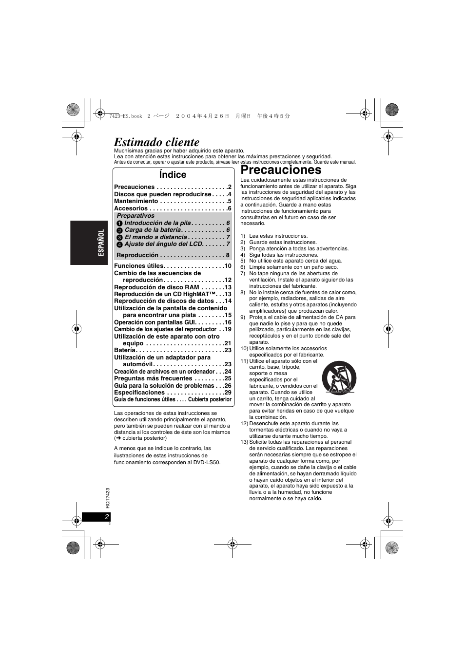 Estimado cliente, Precauciones, Índice | Panasonic DVDLS50 User Manual | Page 2 / 80