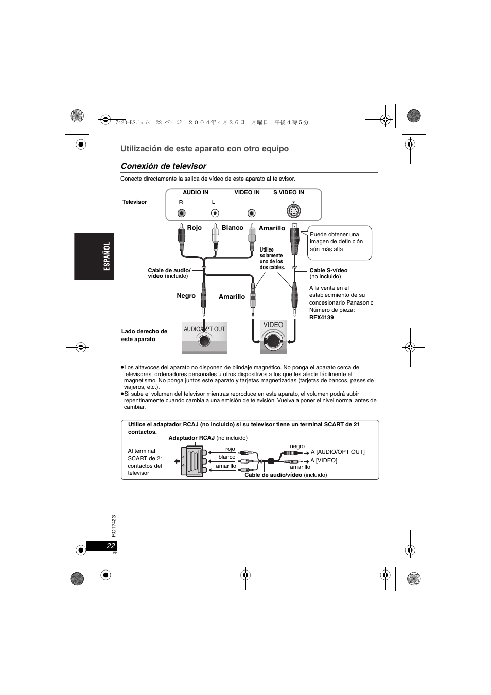 Conexión de televisor, Utilización de este aparato con otro equipo | Panasonic DVDLS50 User Manual | Page 22 / 80