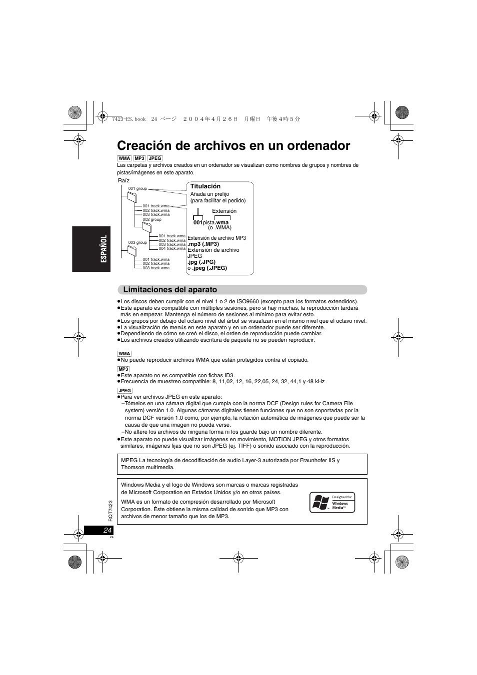 Creación de archivos en un ordenador, Limitaciones del aparato | Panasonic DVDLS50 User Manual | Page 24 / 80