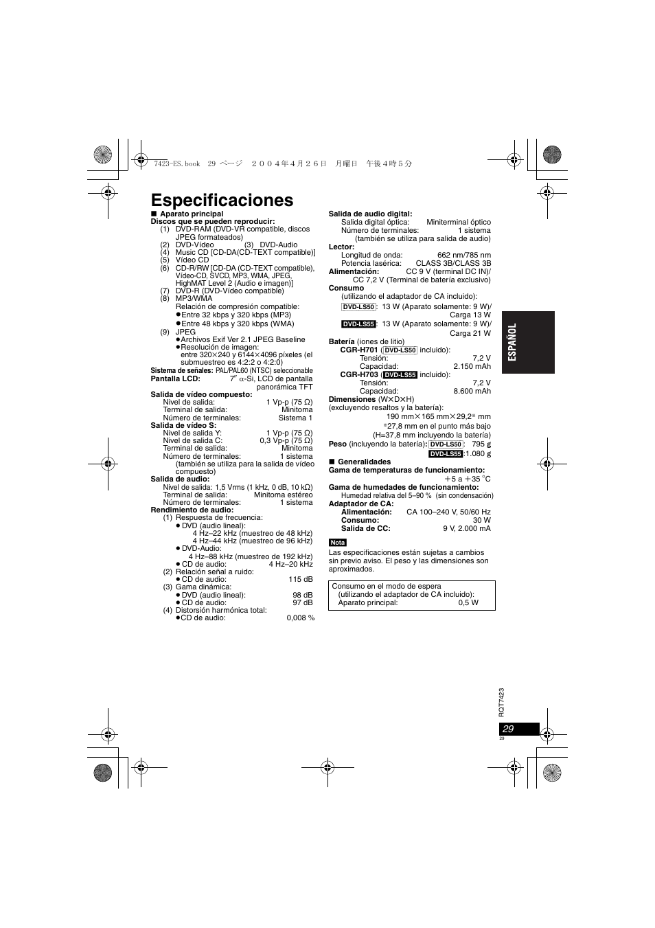 Especificaciones | Panasonic DVDLS50 User Manual | Page 29 / 80