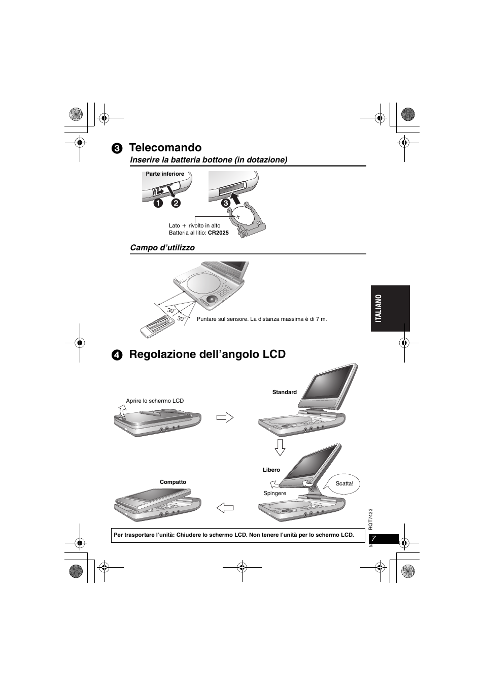 3 telecomando, 4 regolazione dell’angolo lcd | Panasonic DVDLS50 User Manual | Page 35 / 80