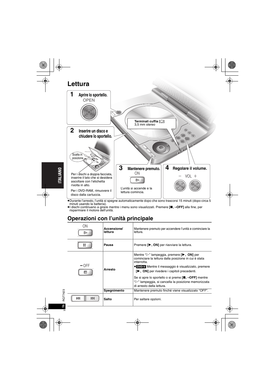 Lettura, Operazioni con l’unità principale | Panasonic DVDLS50 User Manual | Page 36 / 80