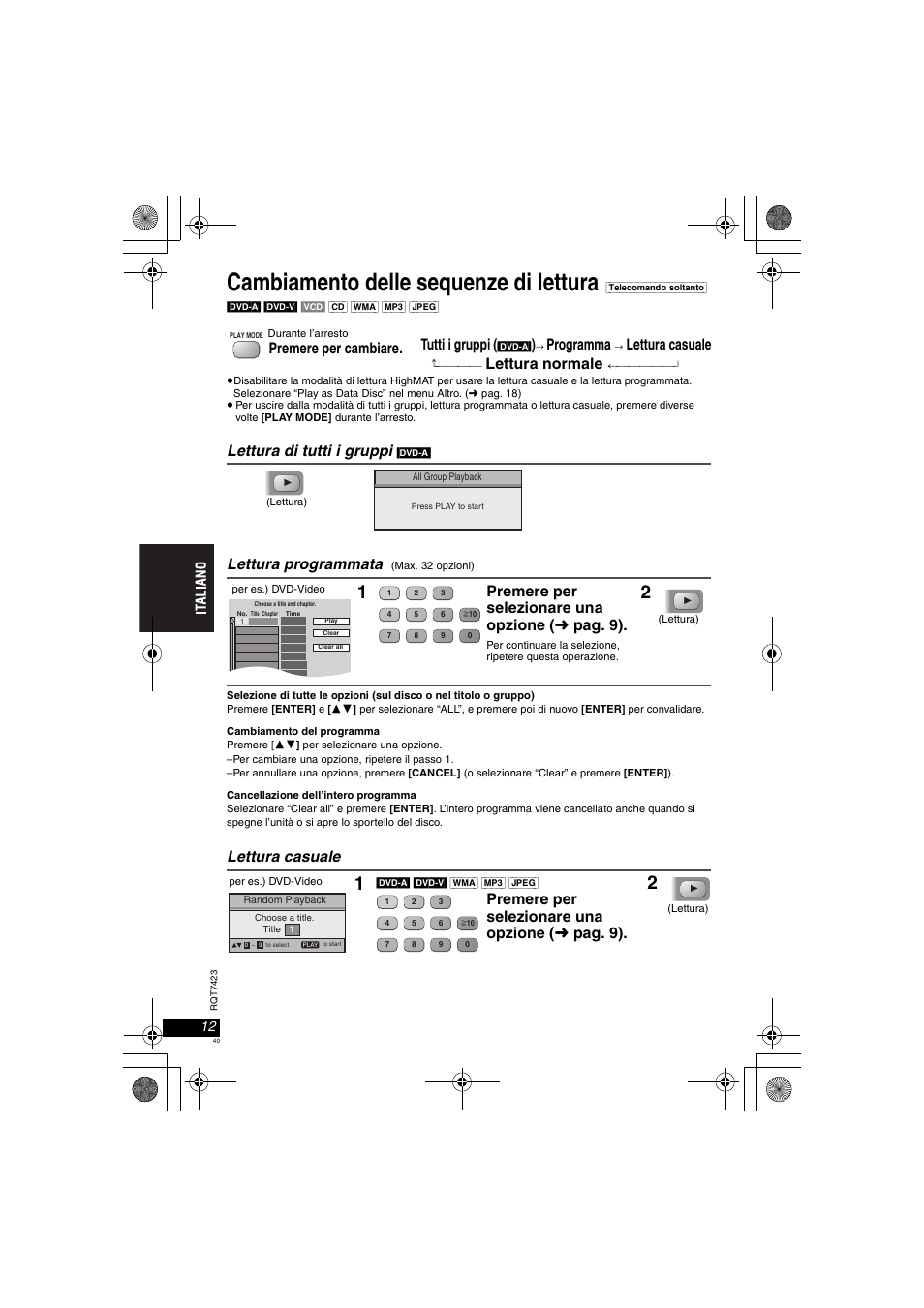 Cambiamento delle sequenze di lettura, Tutti i gruppi, Programma | Lettura casuale, Lettura normale, Lettura di tutti i gruppi, Lettura programmata, Premere per cambiare, Premere per selezionare una opzione ( ➜ pag. 9) | Panasonic DVDLS50 User Manual | Page 40 / 80