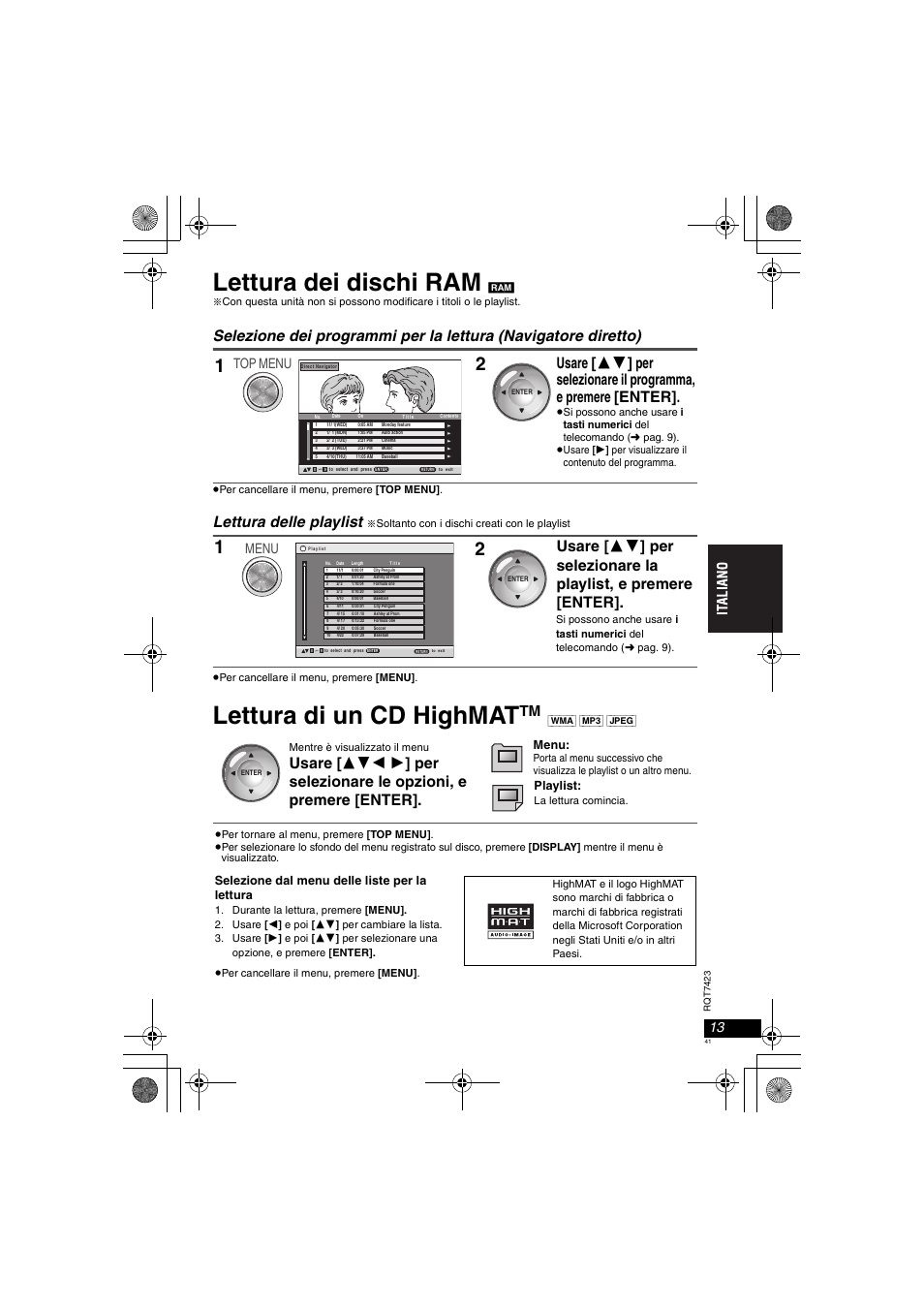 Lettura dei dischi ram, Lettura di un cd highmat, Lettura delle playlist | Top menu, Menu, Playlist, Selezione dal menu delle liste per la lettura | Panasonic DVDLS50 User Manual | Page 41 / 80