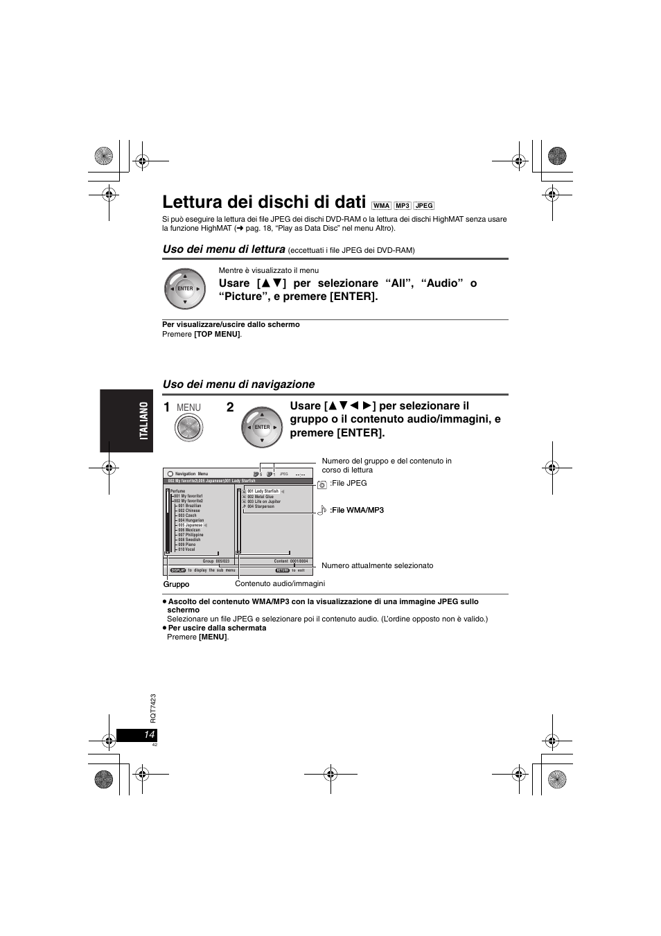 Lettura dei dischi di dati, Uso dei menu di lettura, Uso dei menu di navigazione | Menu | Panasonic DVDLS50 User Manual | Page 42 / 80