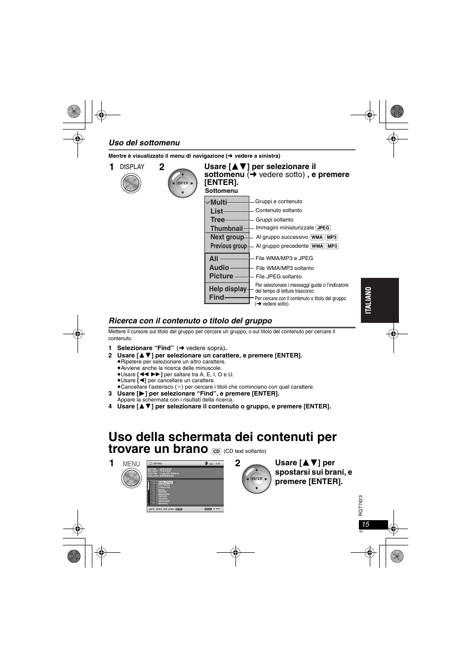 Uso del sottomenu, Ricerca con il contenuto o titolo del gruppo | Panasonic DVDLS50 User Manual | Page 43 / 80