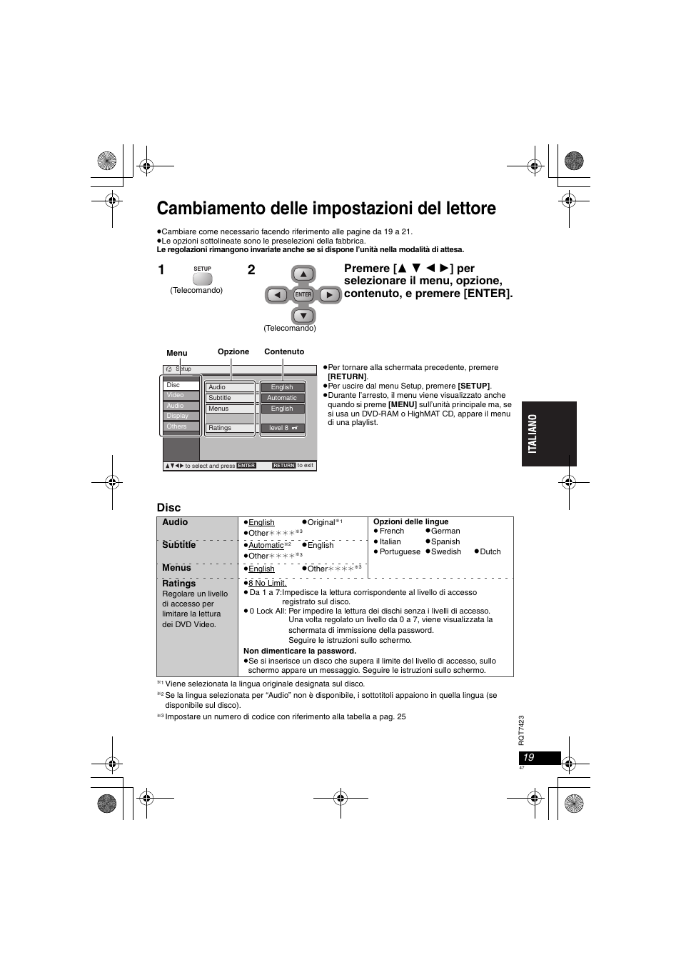 Cambiamento delle impostazioni del lettore, Disc | Panasonic DVDLS50 User Manual | Page 47 / 80