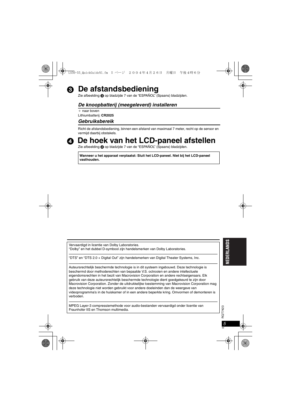 De afstandsbediening, De hoek van het lcd-paneel afstellen | Panasonic DVDLS50 User Manual | Page 69 / 80