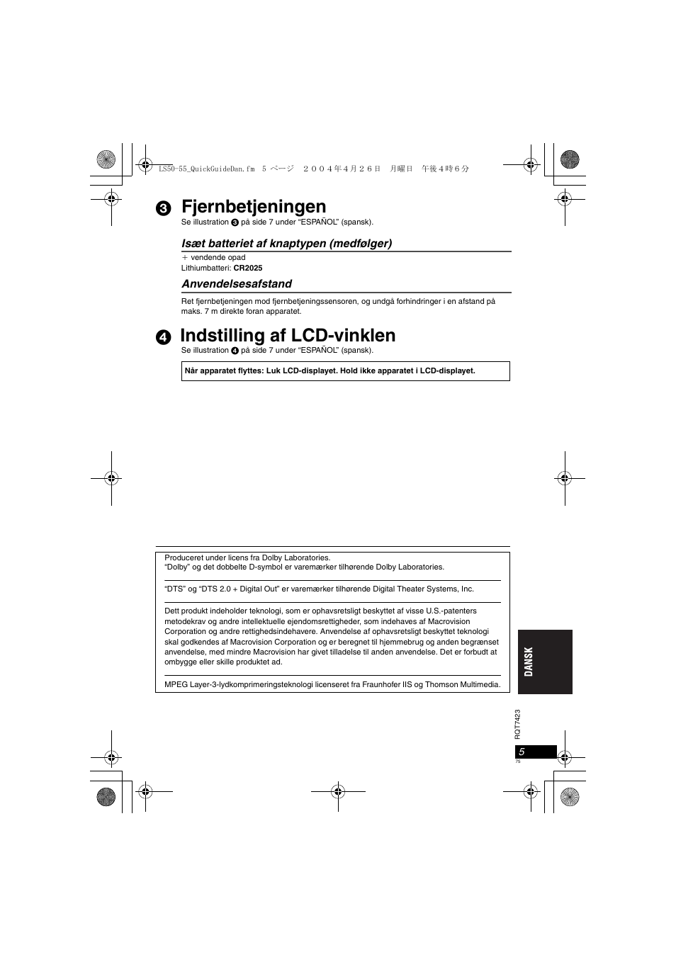 Fjernbetjeningen, Indstilling af lcd-vinklen | Panasonic DVDLS50 User Manual | Page 75 / 80