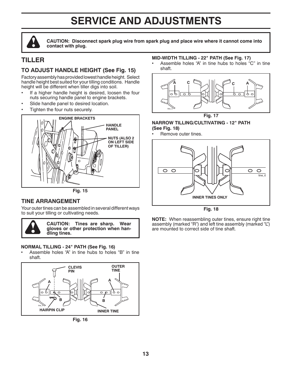 Service and adjustments, Tiller, Tine arrangement | Ariens 90203200 User Manual | Page 13 / 32