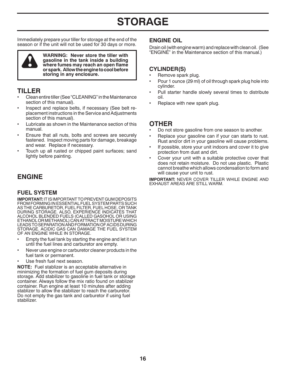 Storage, Other, Tiller | Engine | Ariens 90203200 User Manual | Page 16 / 32