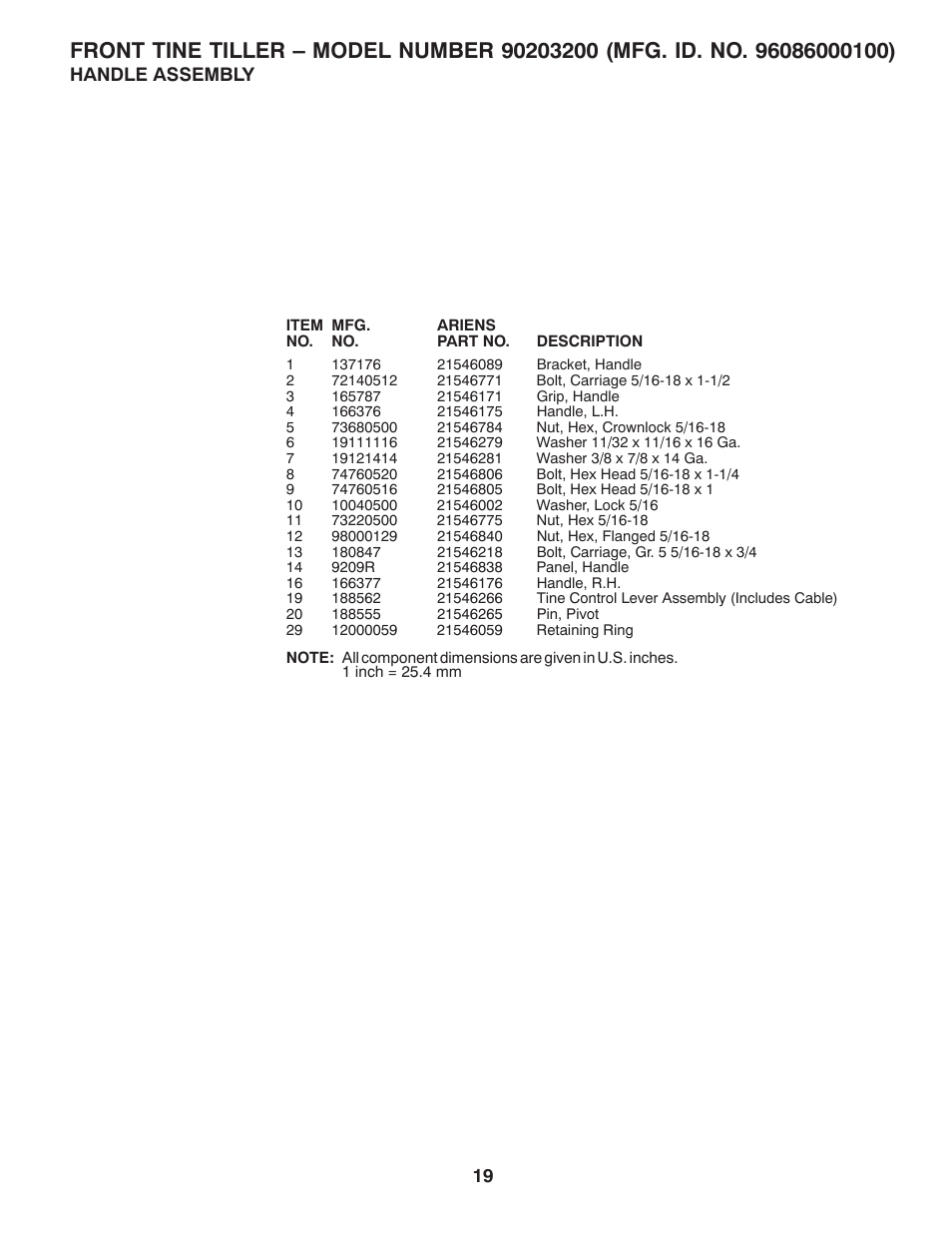 Handle assembly | Ariens 90203200 User Manual | Page 19 / 32