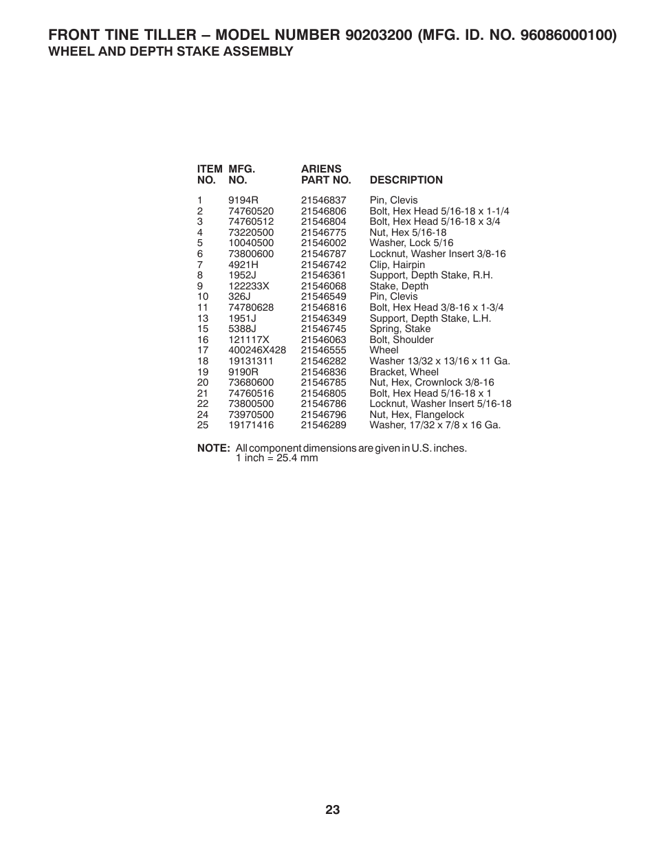 Wheel and depth stake assembly | Ariens 90203200 User Manual | Page 23 / 32