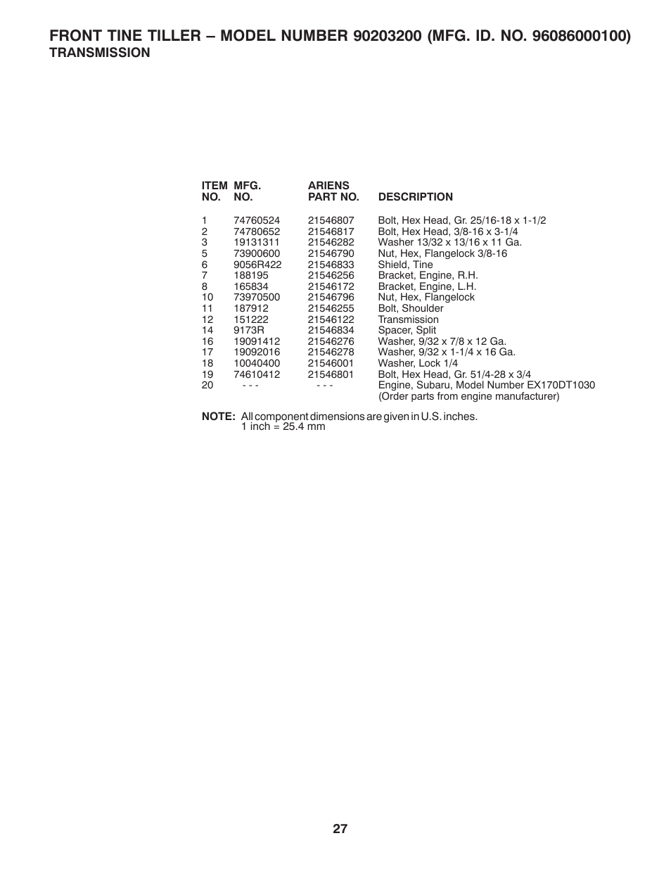 Transmission | Ariens 90203200 User Manual | Page 27 / 32