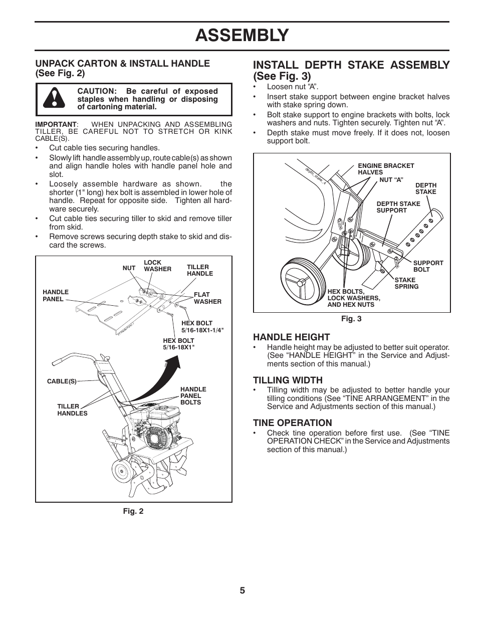 Assembly, Install depth stake as sem bly (see fig. 3), 5unpack carton & install handle (see fig. 2) | Handle height, Tilling width, Tine operation | Ariens 90203200 User Manual | Page 5 / 32