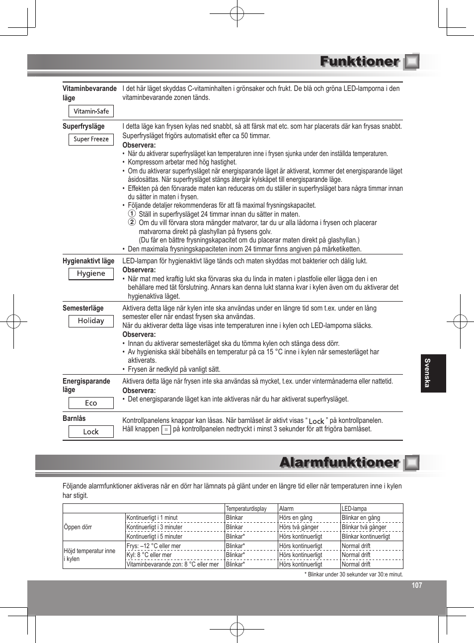 Funktioner, Alarmfunktioner | Panasonic NRB32FX2 User Manual | Page 107 / 180