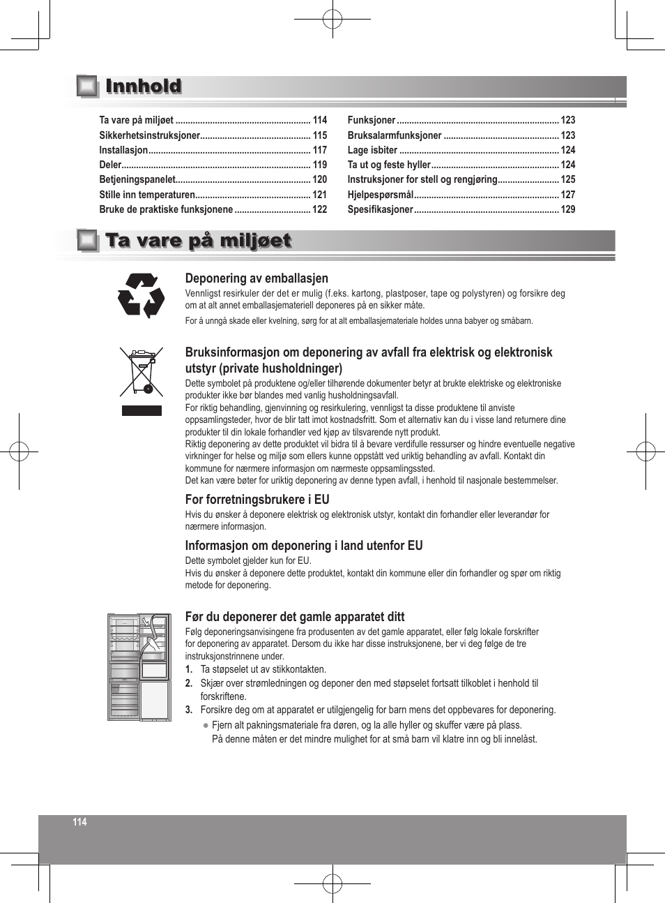 Ta vare på miljøet innhold | Panasonic NRB32FX2 User Manual | Page 114 / 180