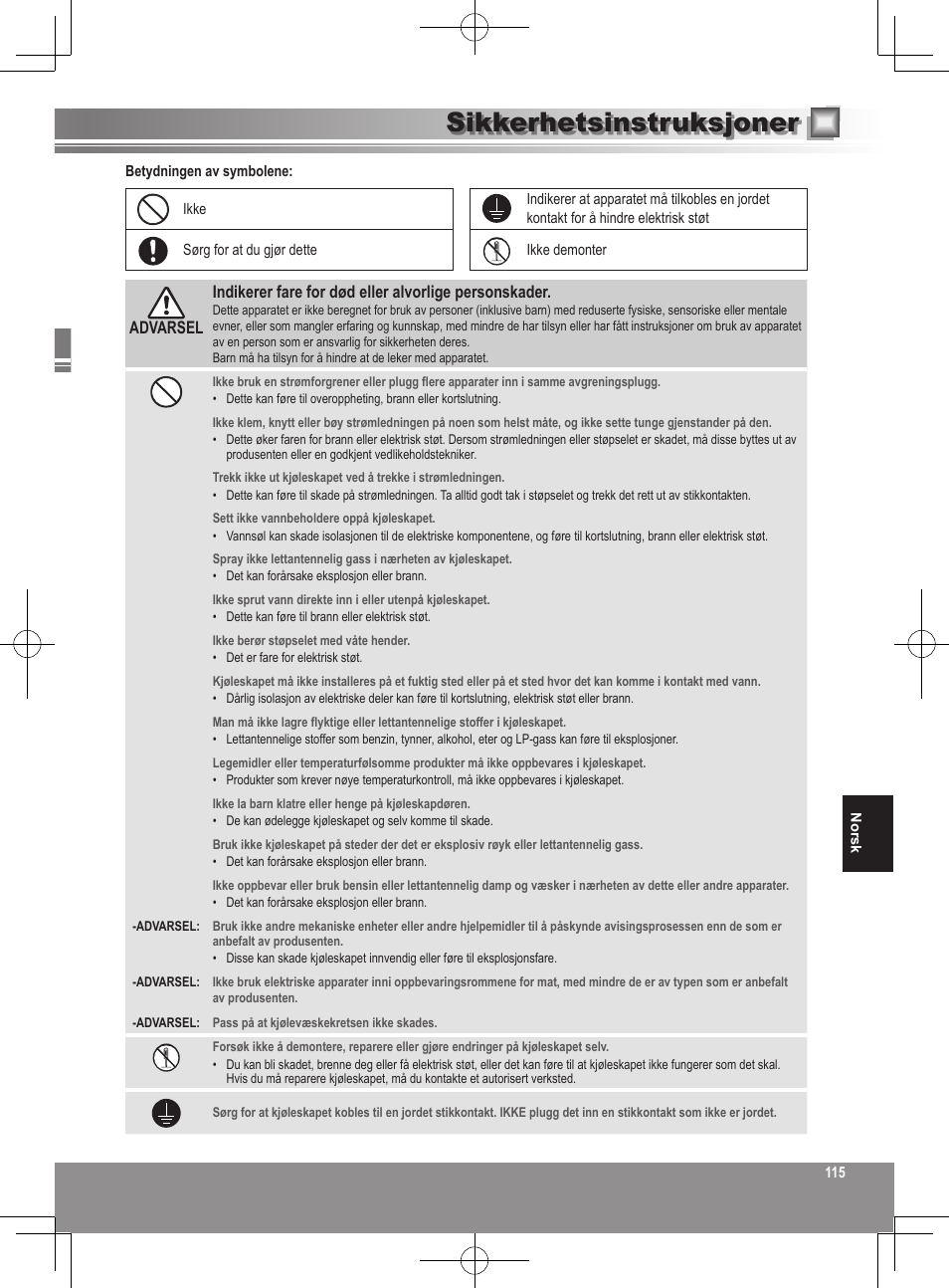 Sikkerhetsinstruksjoner | Panasonic NRB32FX2 User Manual | Page 115 / 180
