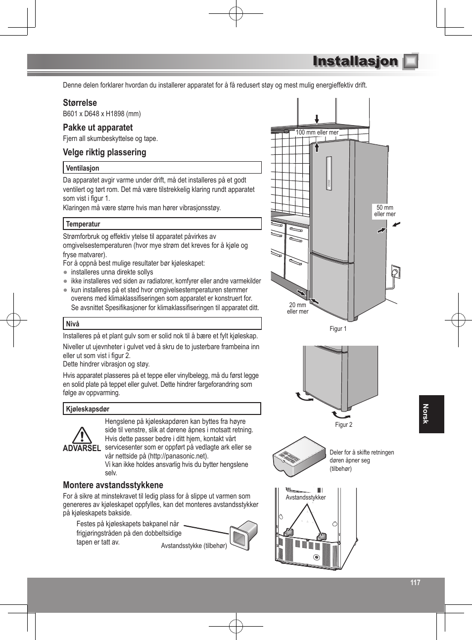 Installasjon, Størrelse, Pakke ut apparatet | Velge riktig plassering, Montere avstandsstykkene | Panasonic NRB32FX2 User Manual | Page 117 / 180