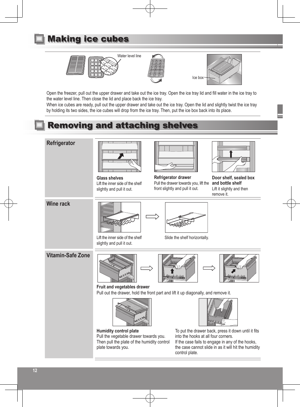 Making ice cubes, Removing and attaching shelves | Panasonic NRB32FX2 User Manual | Page 12 / 180