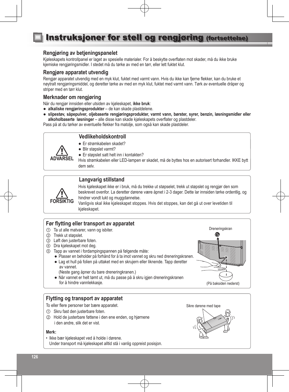 Instruksjoner for stell og rengjøring | Panasonic NRB32FX2 User Manual | Page 126 / 180