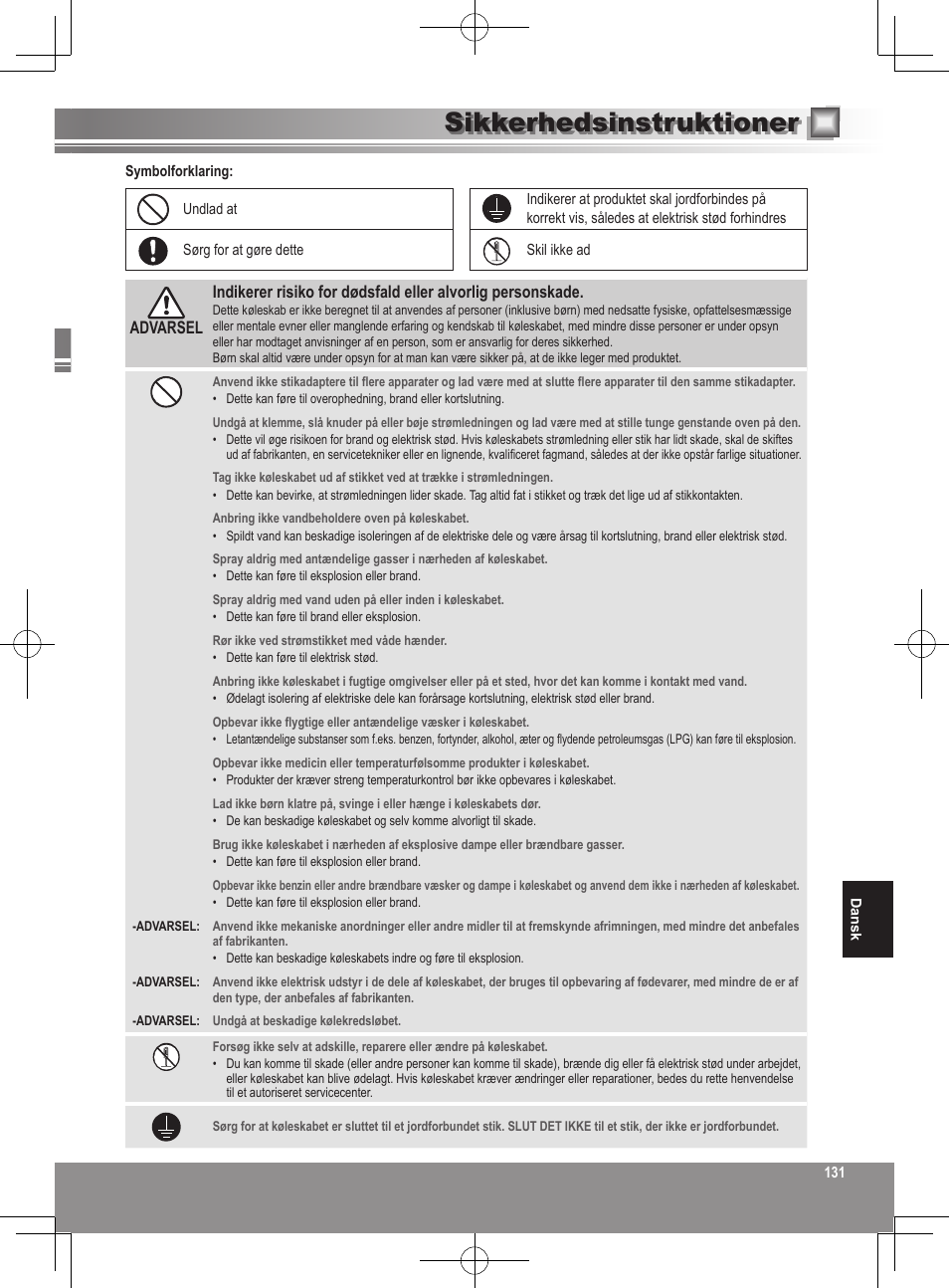 Sikkerhedsinstruktioner | Panasonic NRB32FX2 User Manual | Page 131 / 180