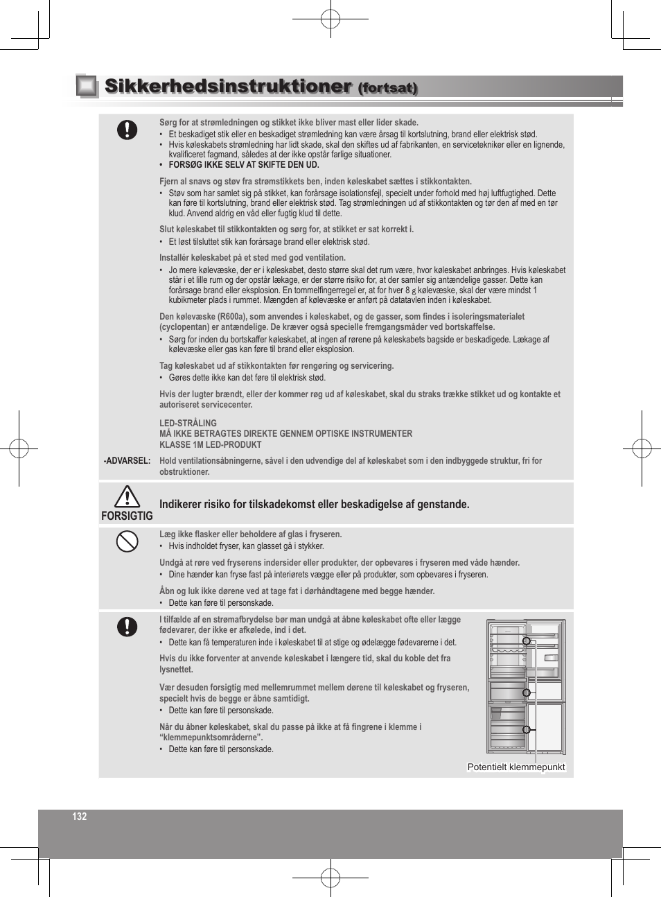 Sikkerhedsinstruktioner, Fortsat) | Panasonic NRB32FX2 User Manual | Page 132 / 180