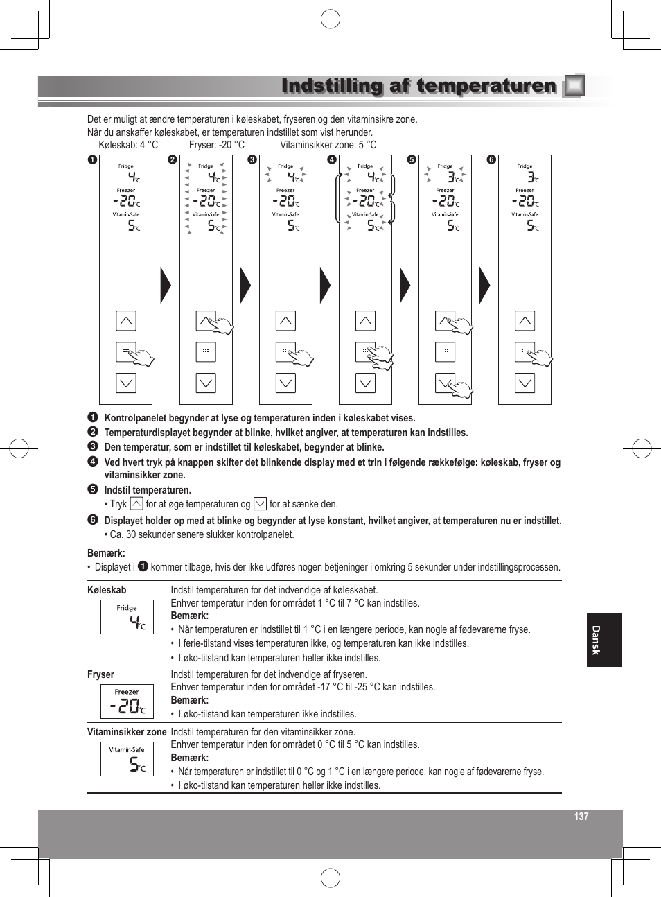 Indstilling af temperaturen | Panasonic NRB32FX2 User Manual | Page 137 / 180