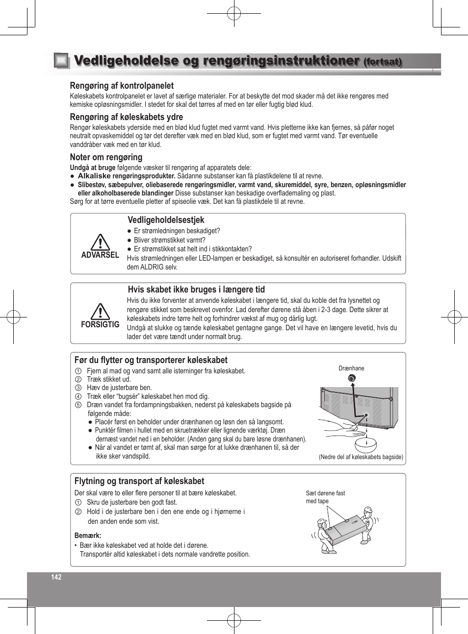 Vedligeholdelse og rengøringsinstruktioner | Panasonic NRB32FX2 User Manual | Page 142 / 180