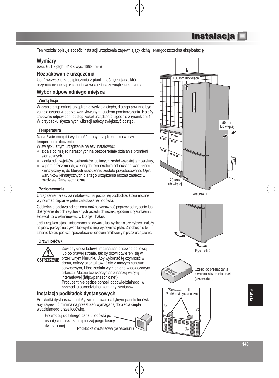 Instalacja, Wymiary, Rozpakowanie urządzenia | Wybór odpowiedniego miejsca, Instalacja podkładek dystansowych | Panasonic NRB32FX2 User Manual | Page 149 / 180