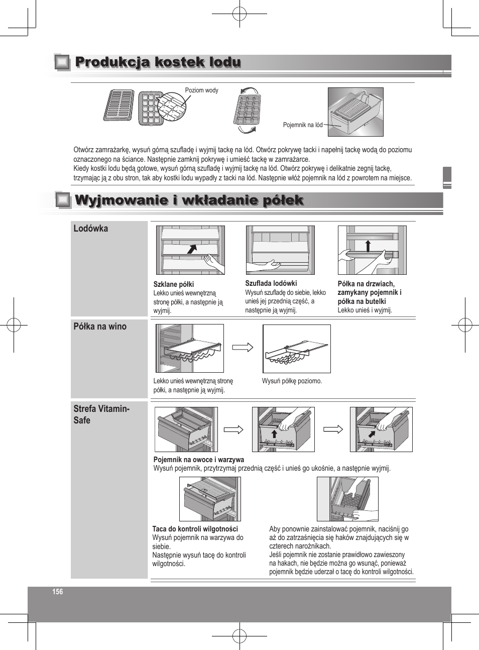 Produkcja kostek lodu, Wyjmowanie i wkładanie półek | Panasonic NRB32FX2 User Manual | Page 156 / 180