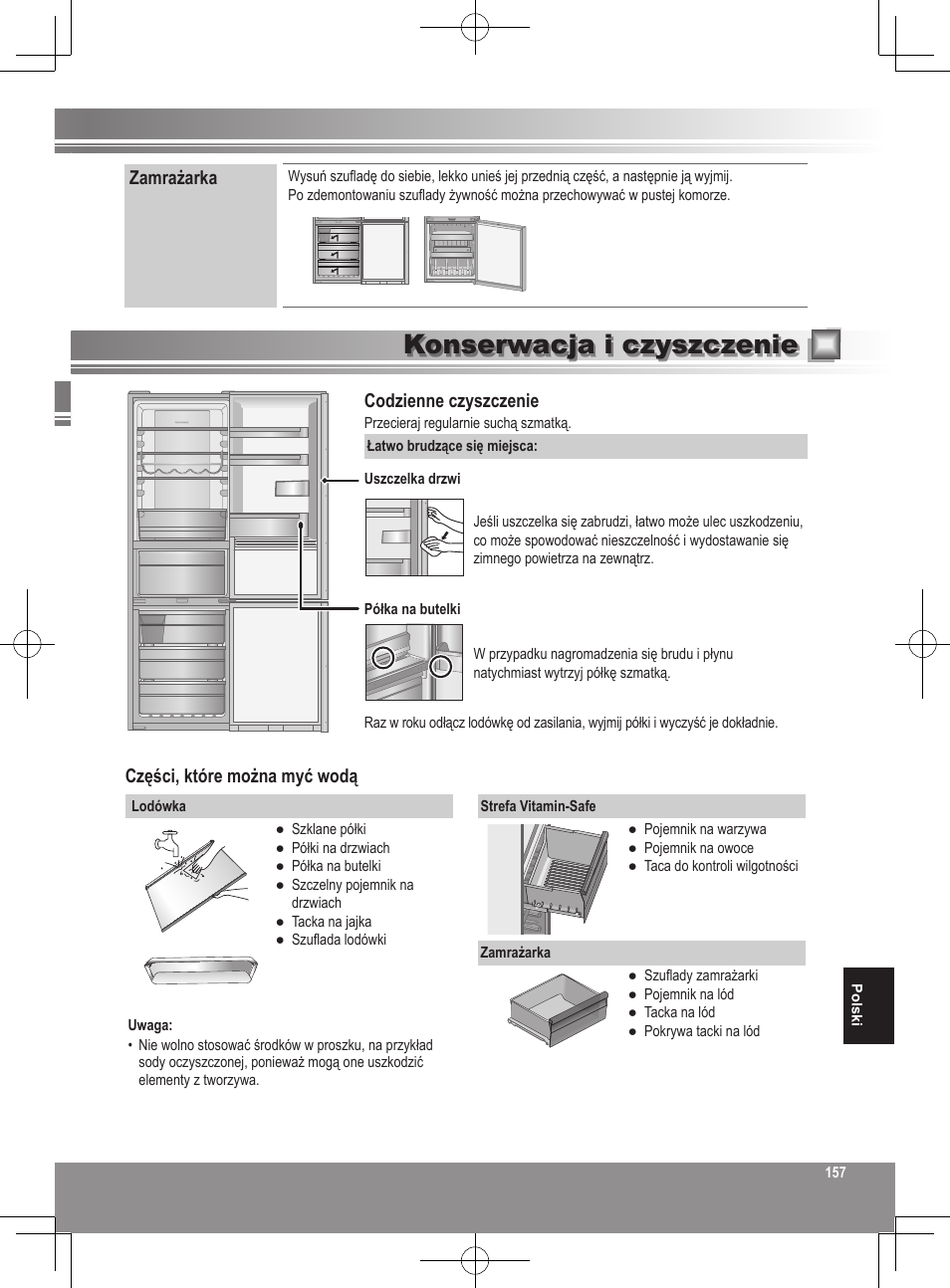 Konserwacja i czyszczenie, Zamrażarka, Codzienne czyszczenie | Części, które można myć wodą | Panasonic NRB32FX2 User Manual | Page 157 / 180