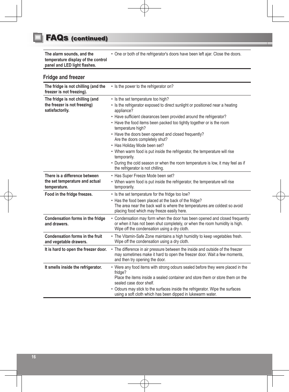 Faqs, Fridge and freezer, Continued) | Panasonic NRB32FX2 User Manual | Page 16 / 180