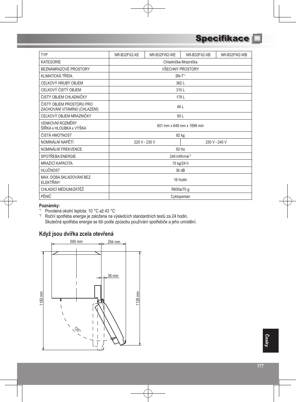 Specifikace, Když jsou dvířka zcela otevřená | Panasonic NRB32FX2 User Manual | Page 177 / 180